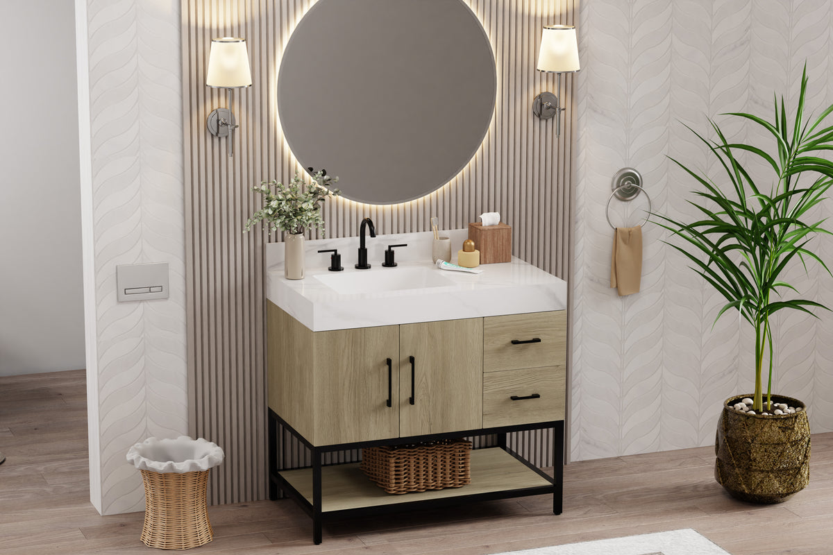 36 inch dark oak bathroom vanity with Calacatta sintered stone top, modern design in stylish bathroom setting.