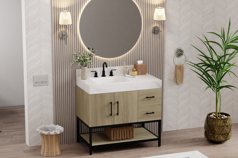 36 inch dark oak bathroom vanity with Calacatta sintered stone top, modern design in stylish bathroom setting.