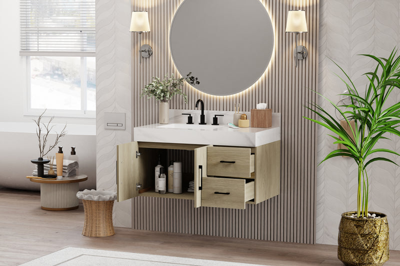 Utopia 36" bathroom vanity in dark oak with Calacatta top, modern design and ample storage space in elegant setting.