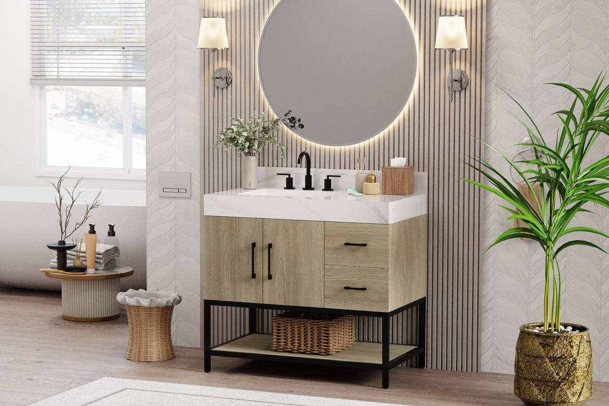 36 inch dark oak bathroom vanity featuring a sleek design, round mirror, and modern fixtures in a stylish bathroom setting.