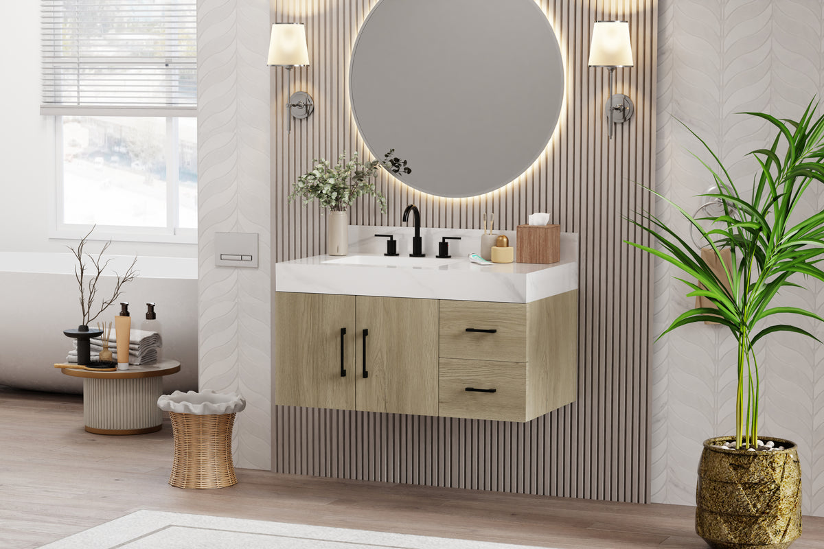 dark oak bathroom vanity with Calacatta top displayed in a modern bathroom setting with a round mirror and plants.