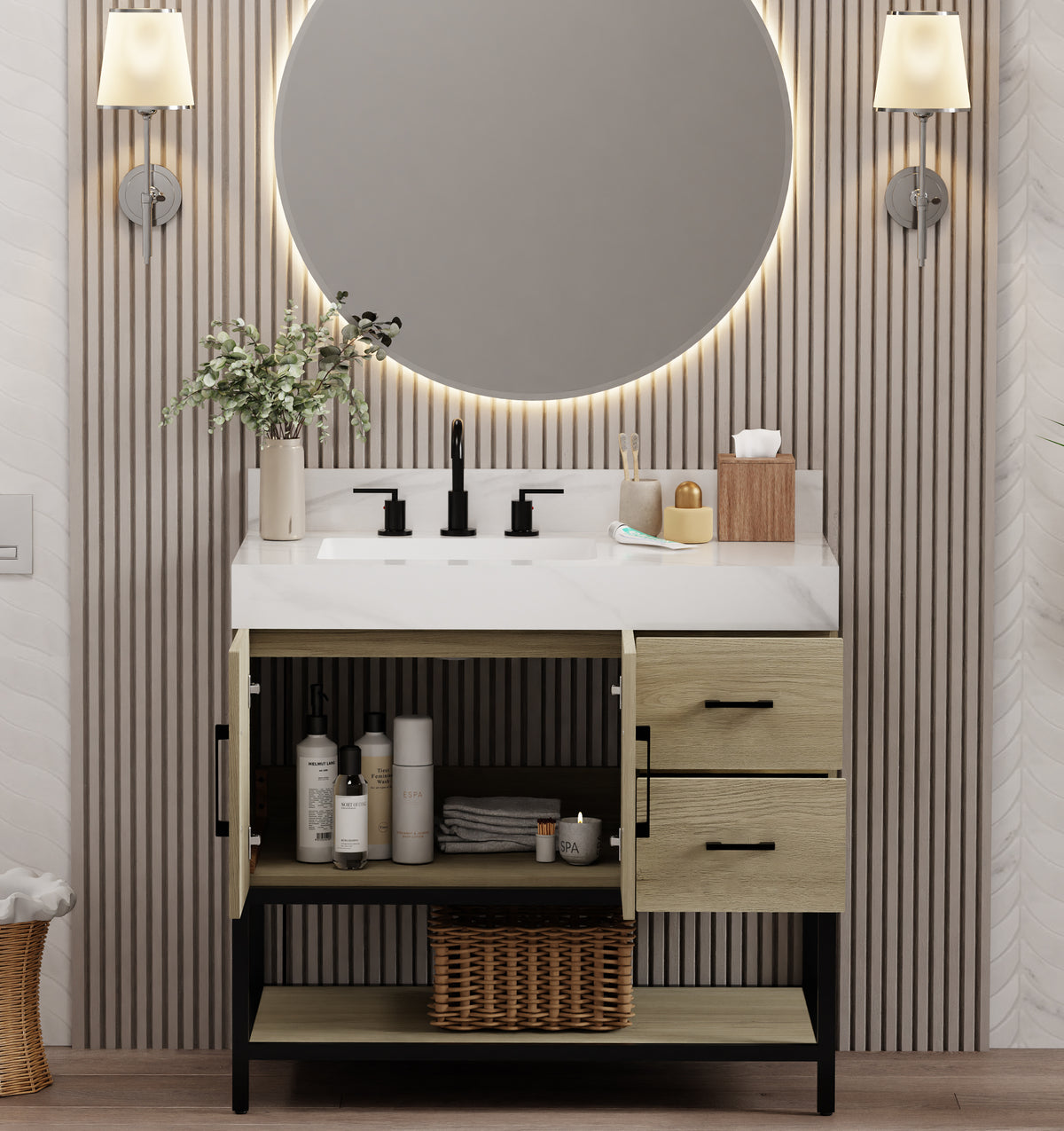 36 inch dark oak bathroom vanity featuring Calacatta sintered stone top, stylish mirror, and modern lighting.
