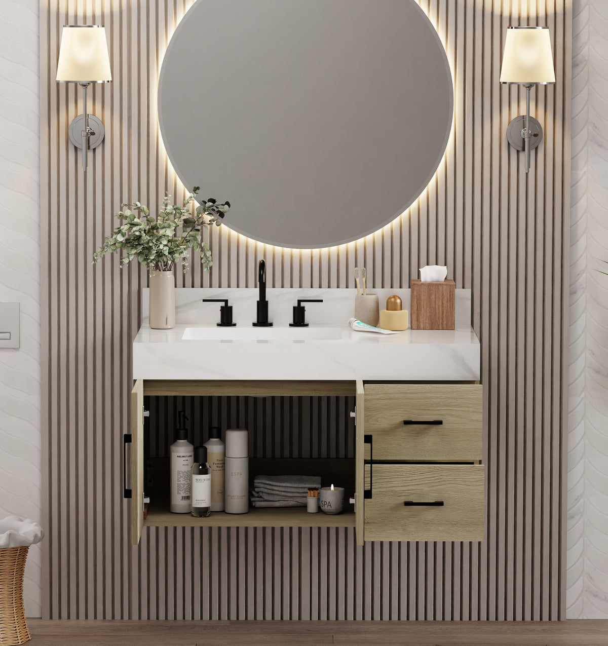 Utopia 36" bathroom vanity with Calacatta top, dark oak finish, modern design, and stylish round mirror.