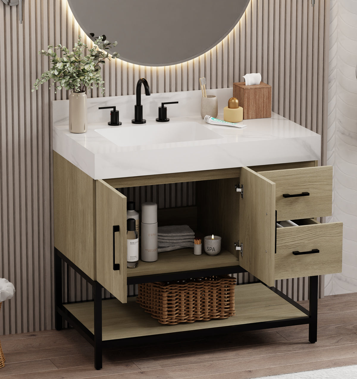 36 inch dark oak bathroom vanity with modern design, sintered stone top, and open storage space.