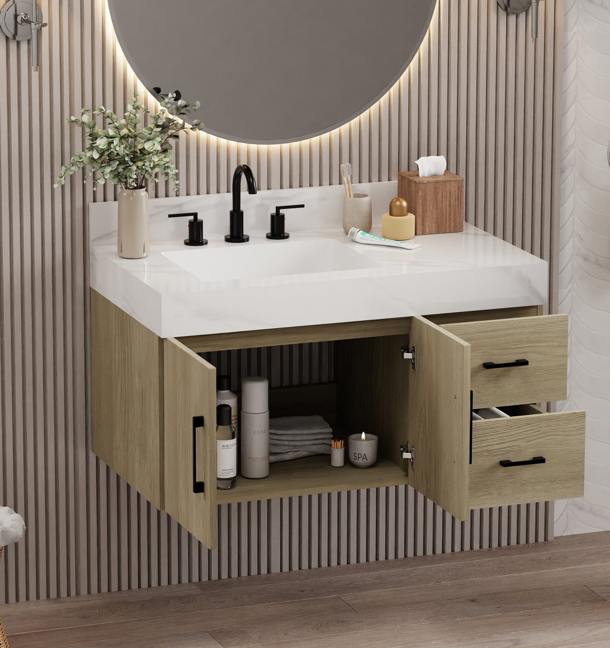 Utopia 36" bathroom vanity in dark oak with Calacatta top, wall-mounted design, modern fixtures, and stylish storage.