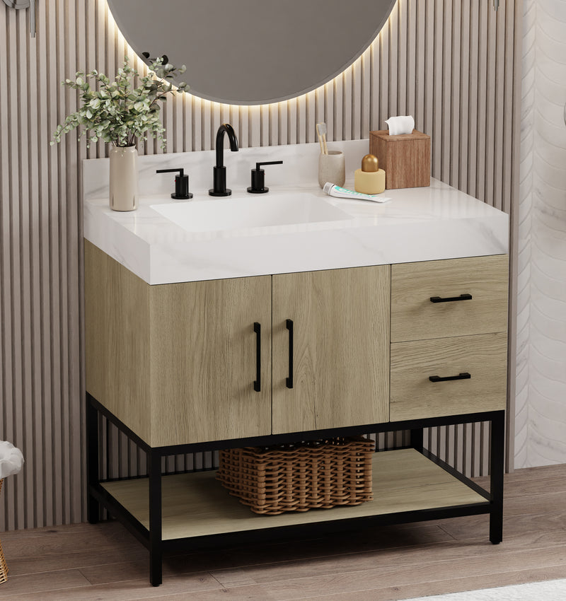 Utopia 36 inch dark oak bathroom vanity with modern design and Calacatta stone top, featuring sleek hardware and minimalist aesthetics.