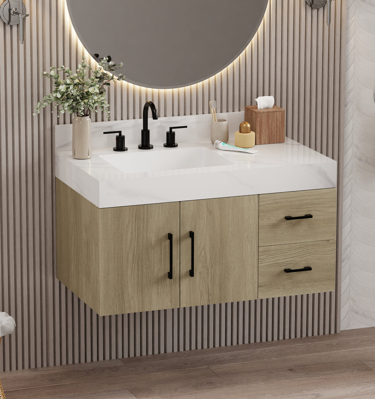dark oak bathroom vanity with Calacatta top next to round mirror, modern design, black hardware, stylish bathroom accessories