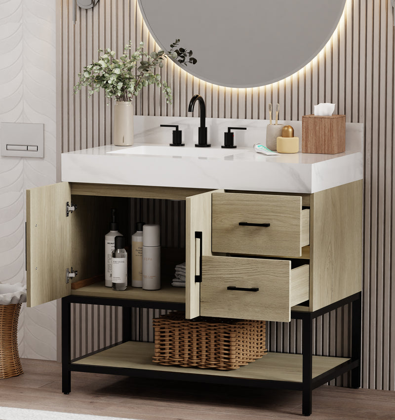 36 inch dark oak bathroom vanity with modern sink and storage, stylish design for contemporary bathrooms