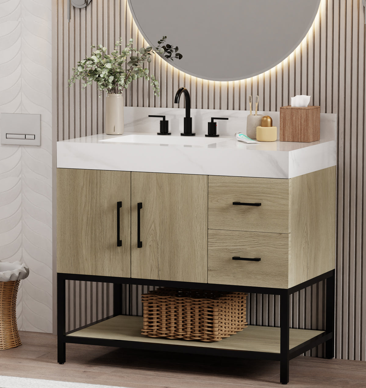 36 inch dark oak bathroom vanity with a white countertop and modern fixtures in a stylish bathroom setting.