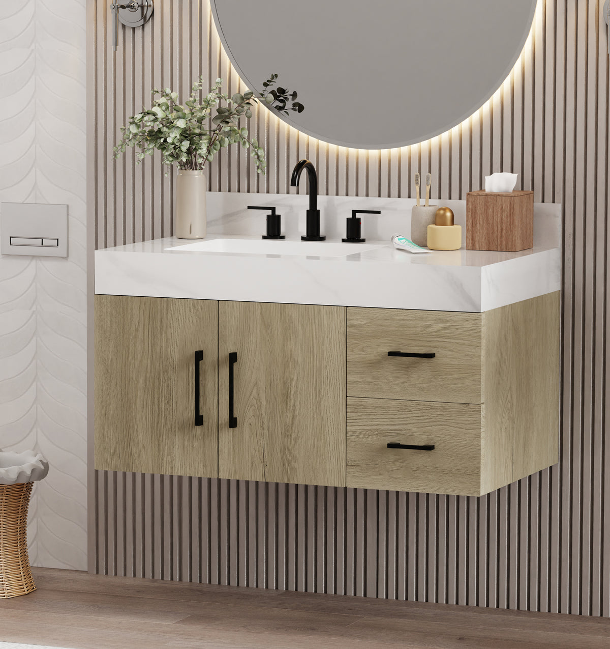 Modern dark oak bathroom vanity with Calacatta top, featuring sleek black faucets and stylish storage compartments.