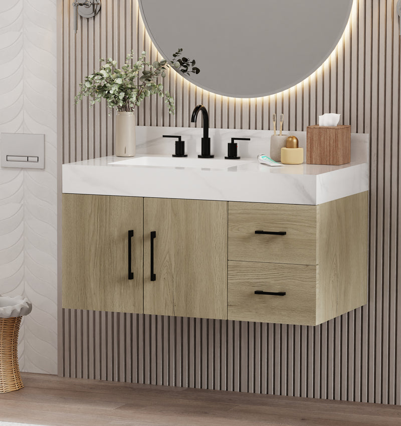 Modern dark oak bathroom vanity with Calacatta top, featuring sleek black faucets and stylish storage compartments.