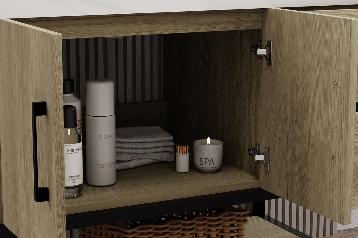 Interior of Utopia 36 inch dark oak bathroom vanity with towels, spa products, and candle displayed.