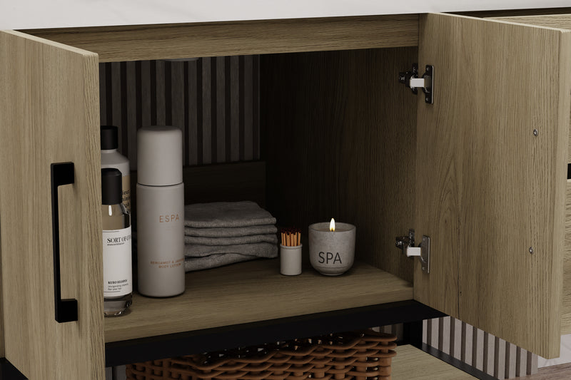 Interior of Utopia 36 inch dark oak bathroom vanity with towels, spa products, and candle displayed.