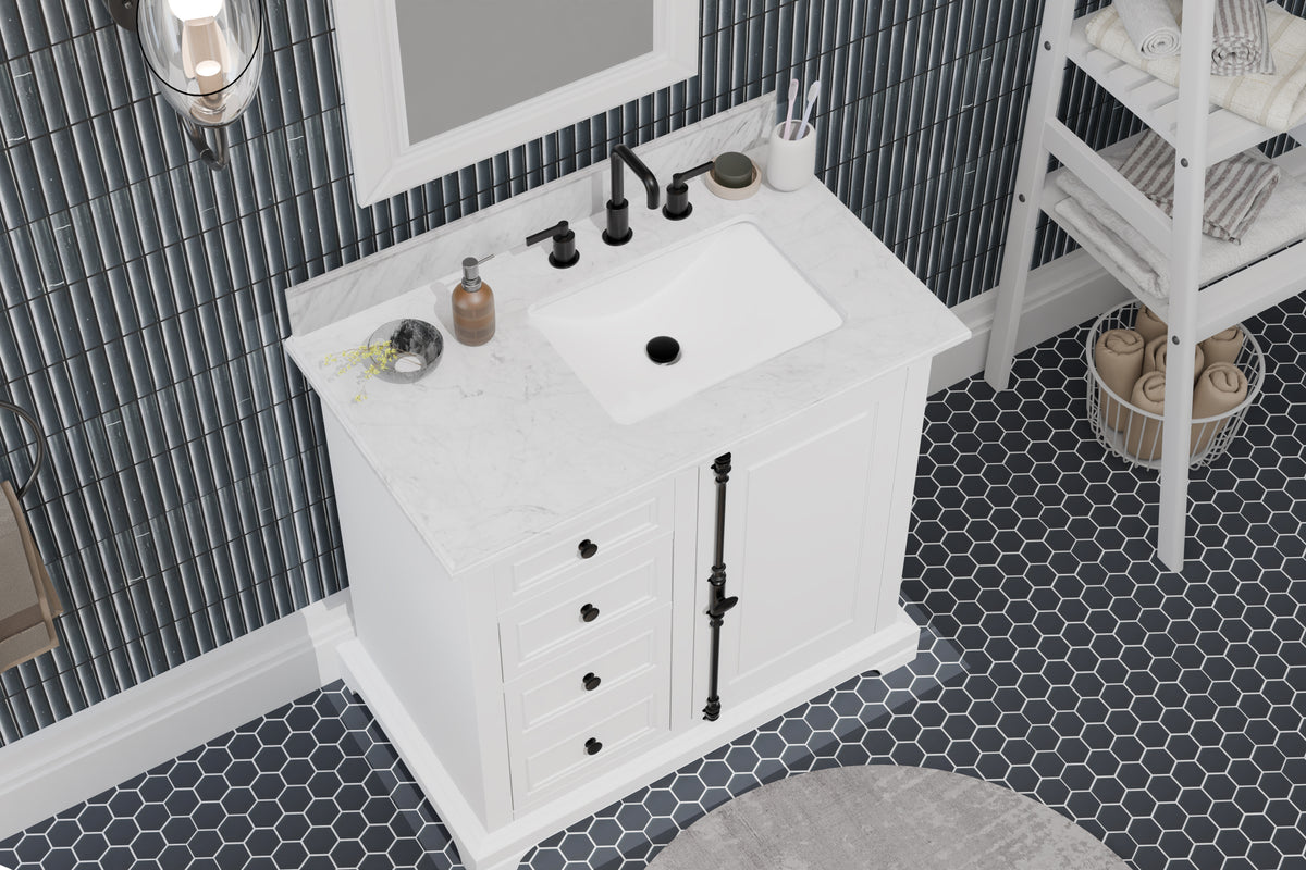 Icon 36" Vanity in White with Carrara Marble Top