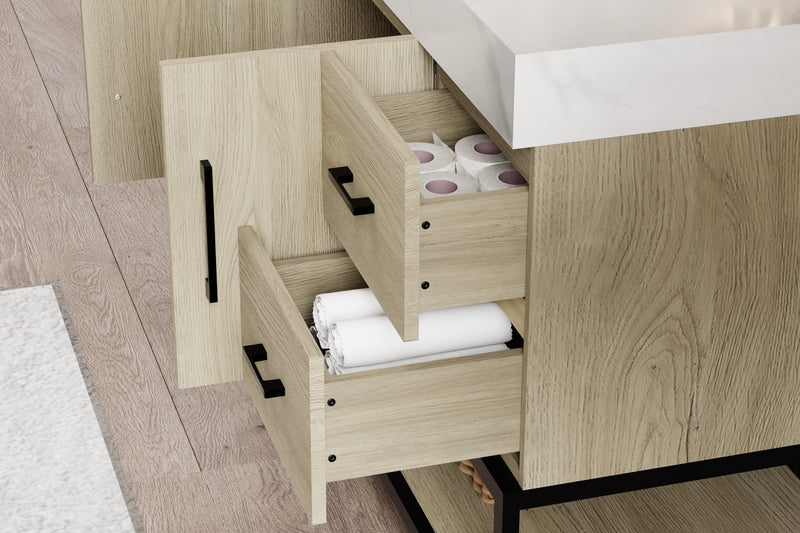 Open drawers of 36 inch dark oak bathroom vanity showcasing towels and storage space.