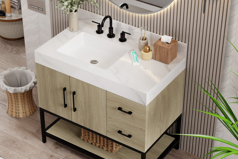 36 inch dark oak bathroom vanity with Calacatta sintered stone top, modern faucet and decorative details.