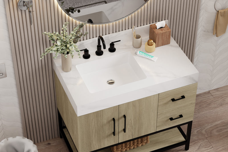 Utopia 36 inch dark oak bathroom vanity showcasing a Calacatta sintered stone top with modern fixtures and elegant decor.