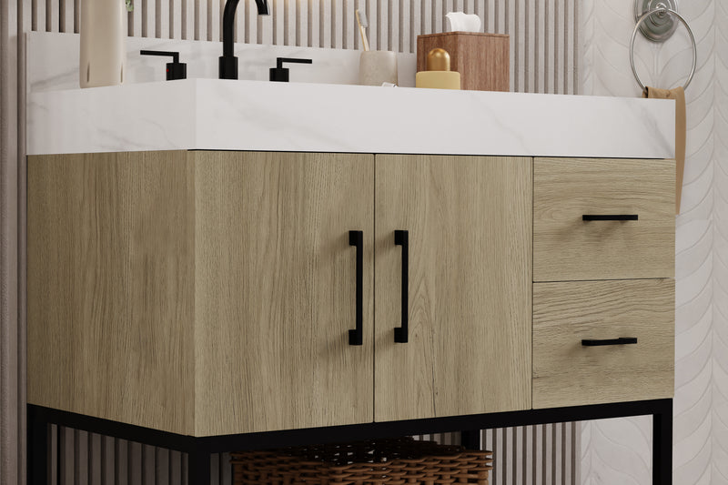 36 inch dark oak bathroom vanity featuring Calacatta sintered stone top and modern storage design.