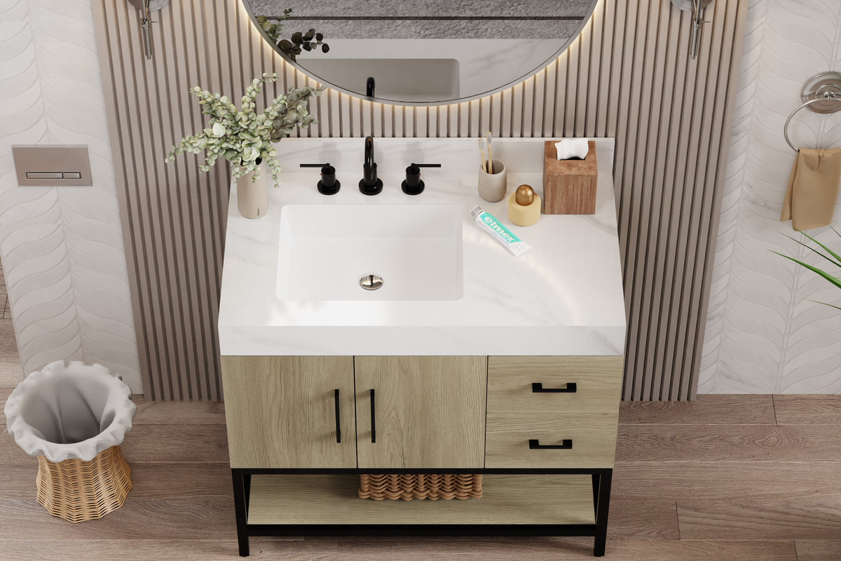 36 inch dark oak bathroom vanity featuring a sleek sintered stone top and stylish fixtures in a modern bathroom setting.