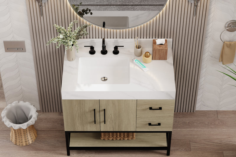 36 inch dark oak bathroom vanity featuring a sleek sintered stone top and stylish fixtures in a modern bathroom setting.