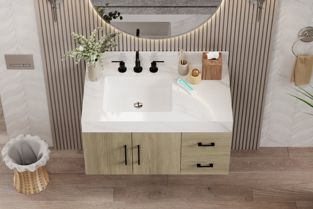 Utopia 36" Bathroom Vanity in dark oak bathroom vanity with Calacatta top, featuring modern sink and stylish cabinet.