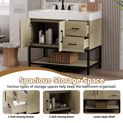 Spacious storage space in 36 inch dark oak bathroom vanity featuring 2 soft-closing drawers and a lower open shelf.