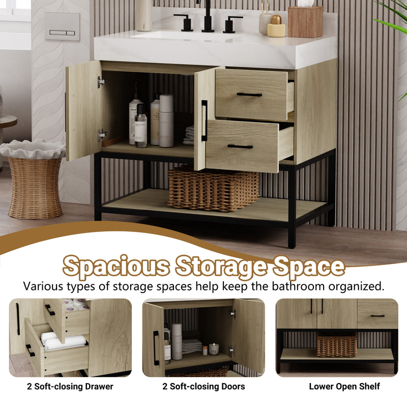 Spacious storage space in 36 inch dark oak bathroom vanity featuring 2 soft-closing drawers and a lower open shelf.