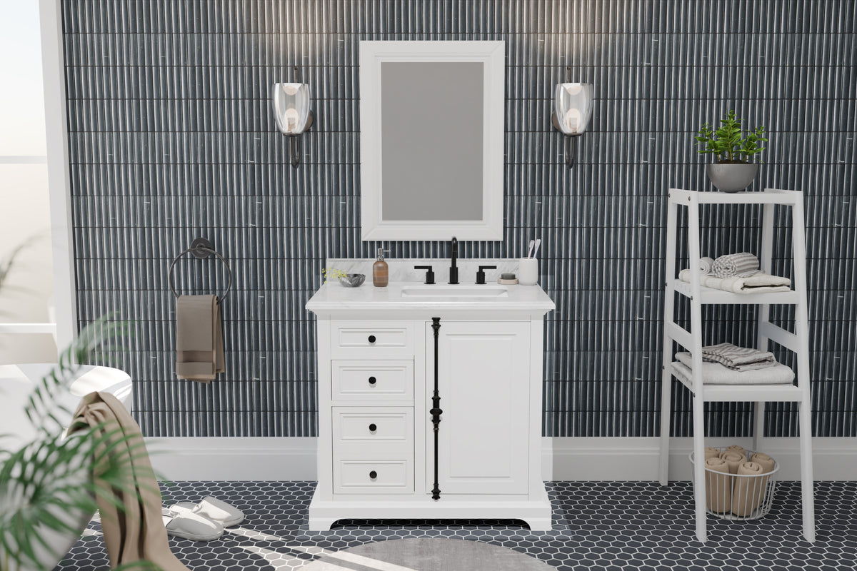 Icon 36" Vanity in White with Carrara Marble Top