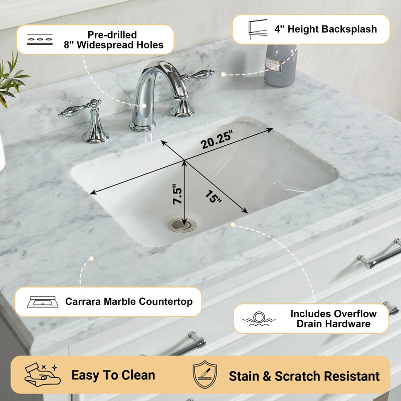 1.0 Manhattan 36" Single Vanity With Carrara Marble Top