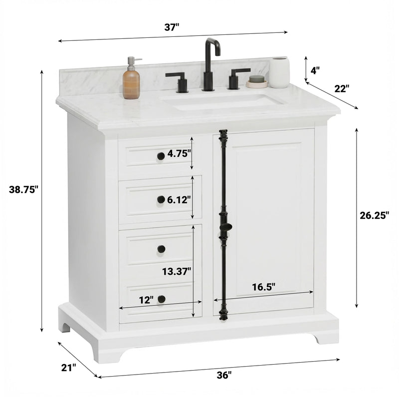 Icon 36" Vanity in White with Carrara Marble Top