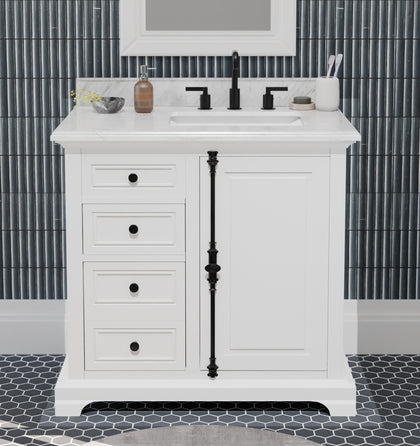 36 inch vanity with Carrara marble top in white, featuring efficient storage and bold matte black handles that perfectly complement a modern faucet and stylish bathroom decor.