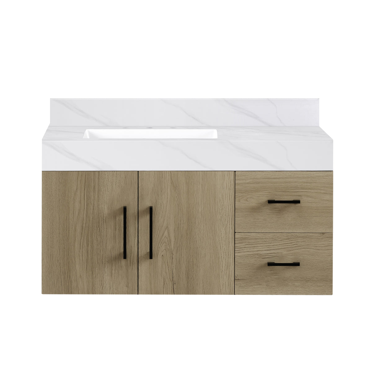 dark oak bathroom vanity with Calacatta top featuring two cabinets and two drawers, ideal for modern bathrooms.