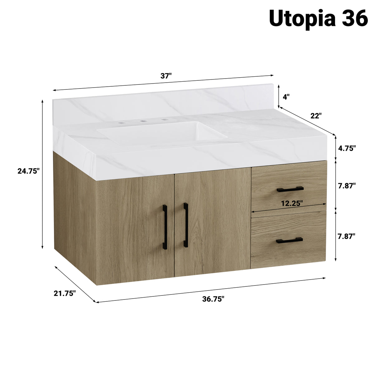 Utopia 36" bathroom vanity in dark oak with Calacatta top, featuring sleek design and dimensions for modern bathrooms.
