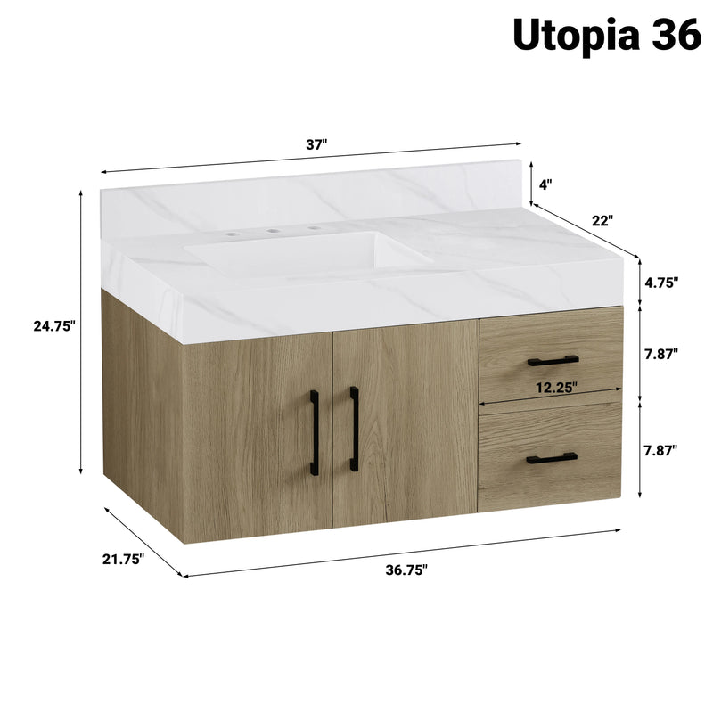 Utopia 36" Floating Bathroom Vanity with Calacatta Sintered Stone Top