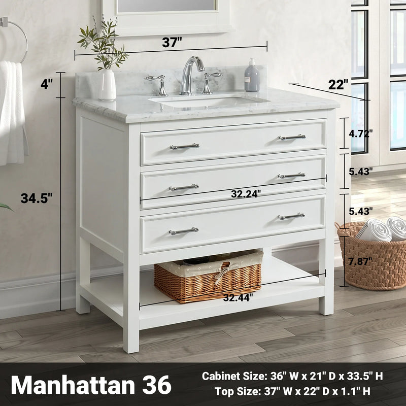 1.0 Manhattan 36" Single Vanity With Carrara Marble Top