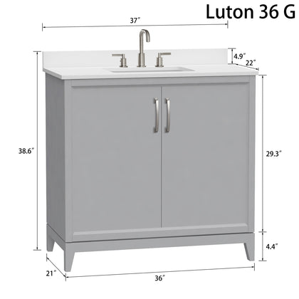 Luton 36 inch gray bathroom vanity with white quartz top dimensions and features illustration.