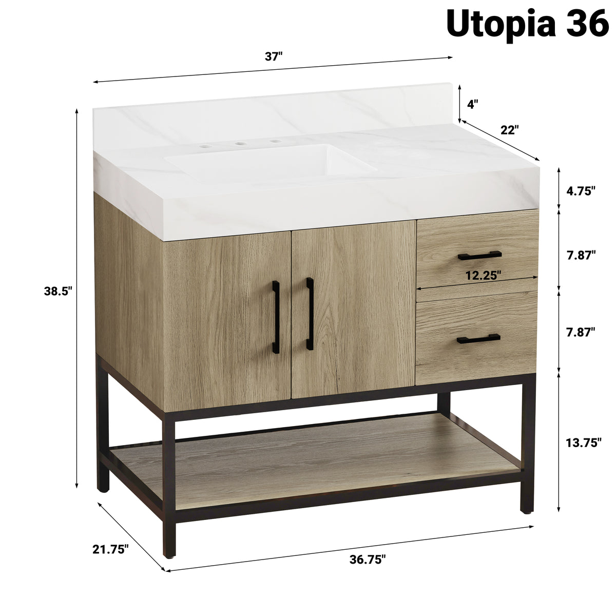 Utopia 36 inch dark oak bathroom vanity with Calacatta stone top and modern design, showcasing dimensions and features.