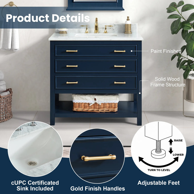 1.0 Manhattan 36" Single Vanity With Carrara Marble Top
