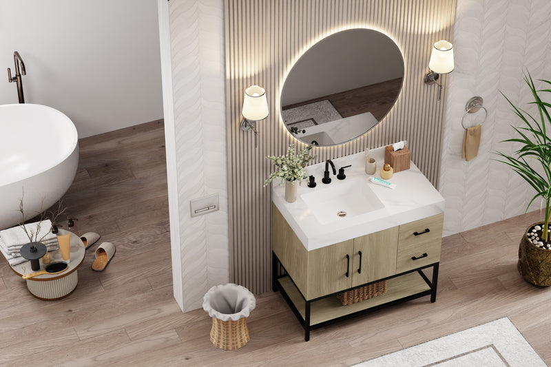 36 inch dark oak bathroom vanity with Calacatta stone top in modern bathroom setting