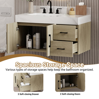 Utopia 36 inch floating bathroom vanity with Calacatta top featuring spacious storage space and soft-closing doors.