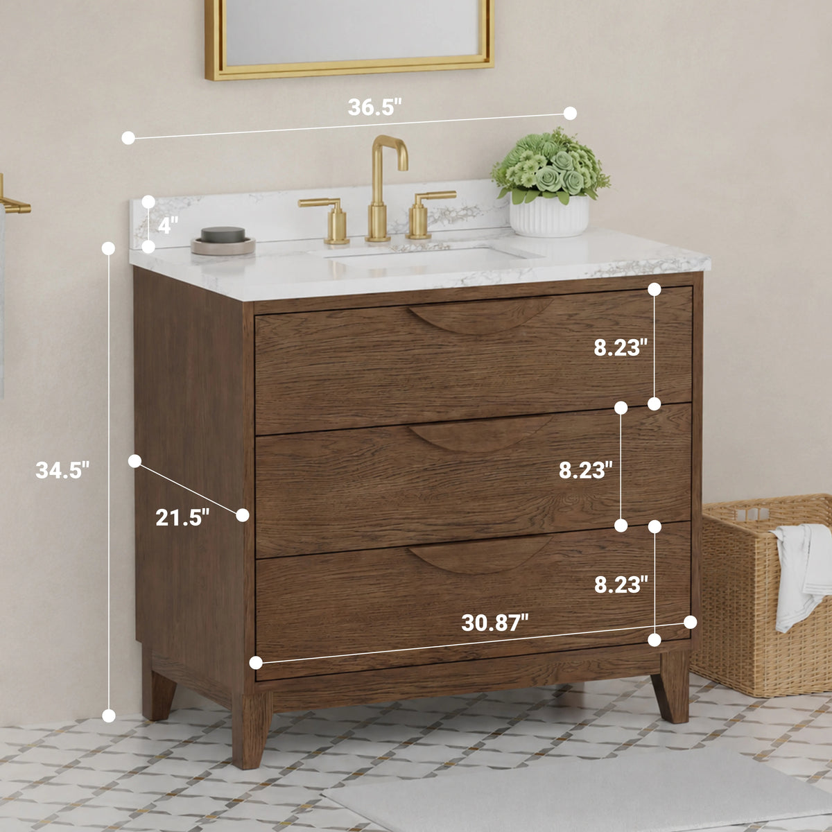Edmond36" Vanity Set with thickness Laminted eased edge Calacatta Phoenix Quartz top  - Natural Teak