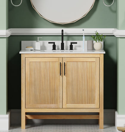 36 inch light teak bathroom vanity with white quartz top and stylish round mirror in modern bathroom setting.