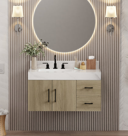 36 inch floating bathroom vanity with Calacatta top in a modern bathroom setting, featuring stylish lighting and decor.