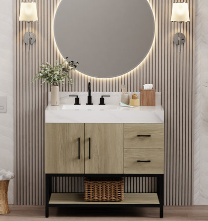 36 inch dark oak bathroom vanity with Calacatta stone top and round mirror in modern bathroom setting.