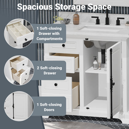 36 inch vanity with Carrara marble top in white, featuring spacious storage with soft-closing drawers and doors, perfectly completed by striking modern matte black hardware.