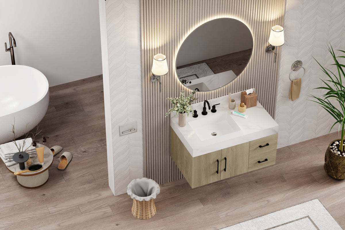 dark oak bathroom vanity with Calacatta top in modern bathroom setting with round mirror and stylish lighting.