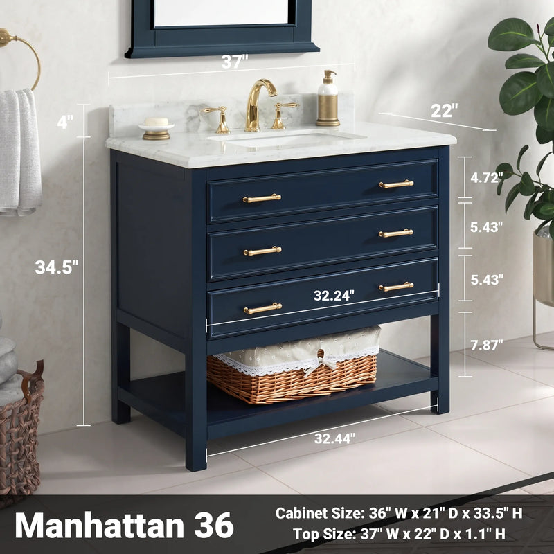 1.0 Manhattan 36" Single Vanity With Carrara Marble Top