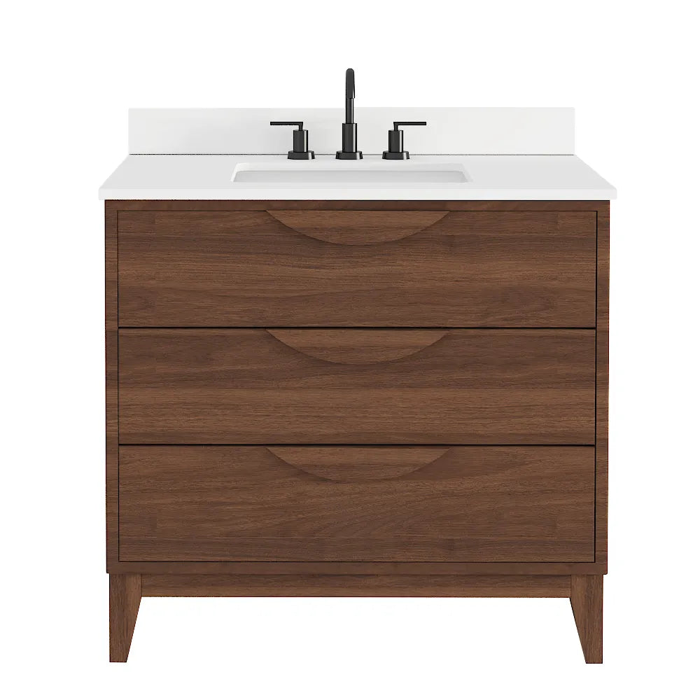 Edmond36" Vanity Set with thickness Laminted eased edge Calacatta Phoenix Quartz top  - Natural Teak