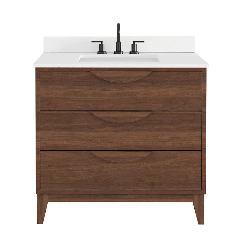 Edmond36" Vanity Set with thickness Laminted eased edge Calacatta Phoenix Quartz top  - Natural Teak