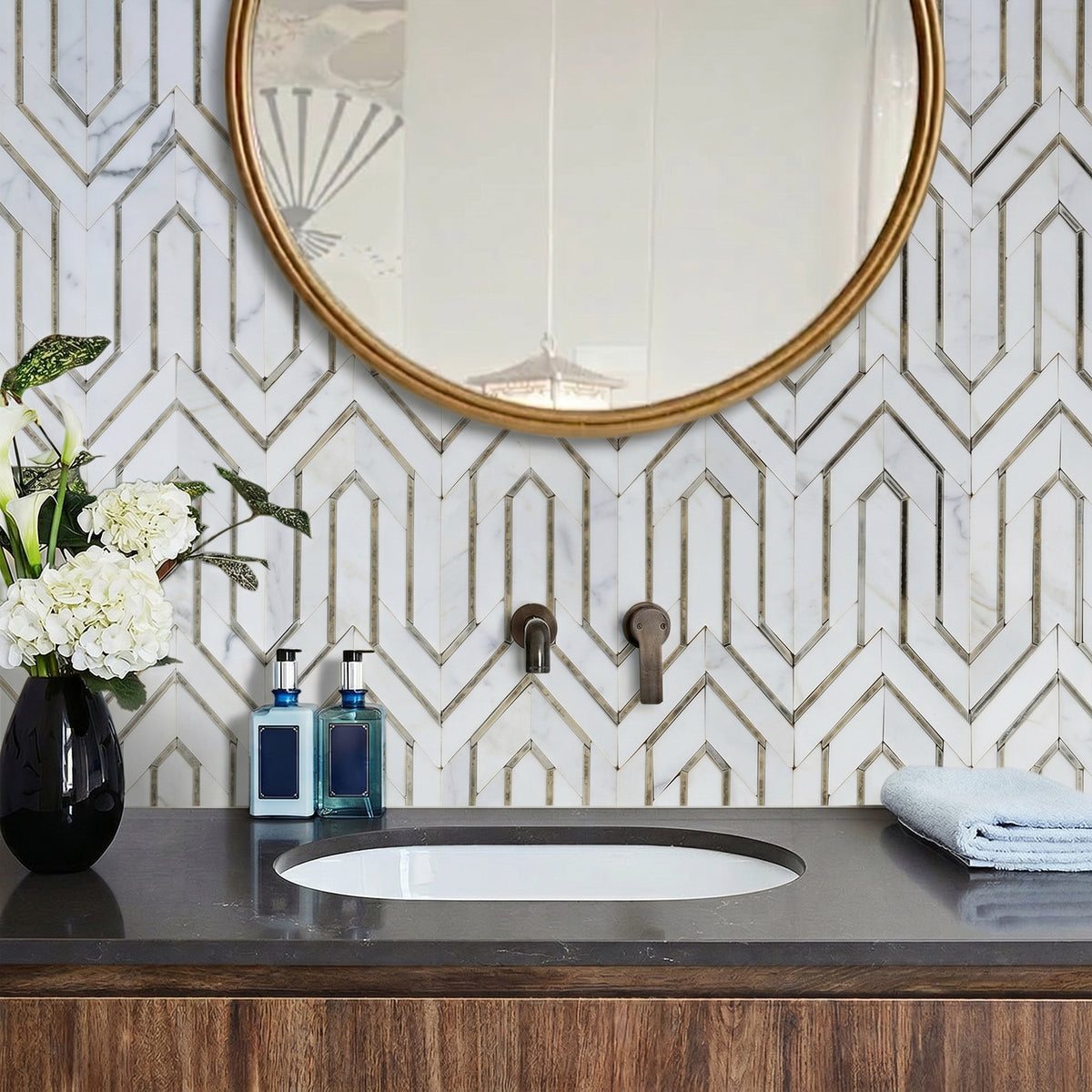 Arrows-Carrara White with Antique Mirror Accents 12-in x 9-in Polished Waterjet Mosaic Floor and Wall Tile( 3.55 sq. ft. /Box )